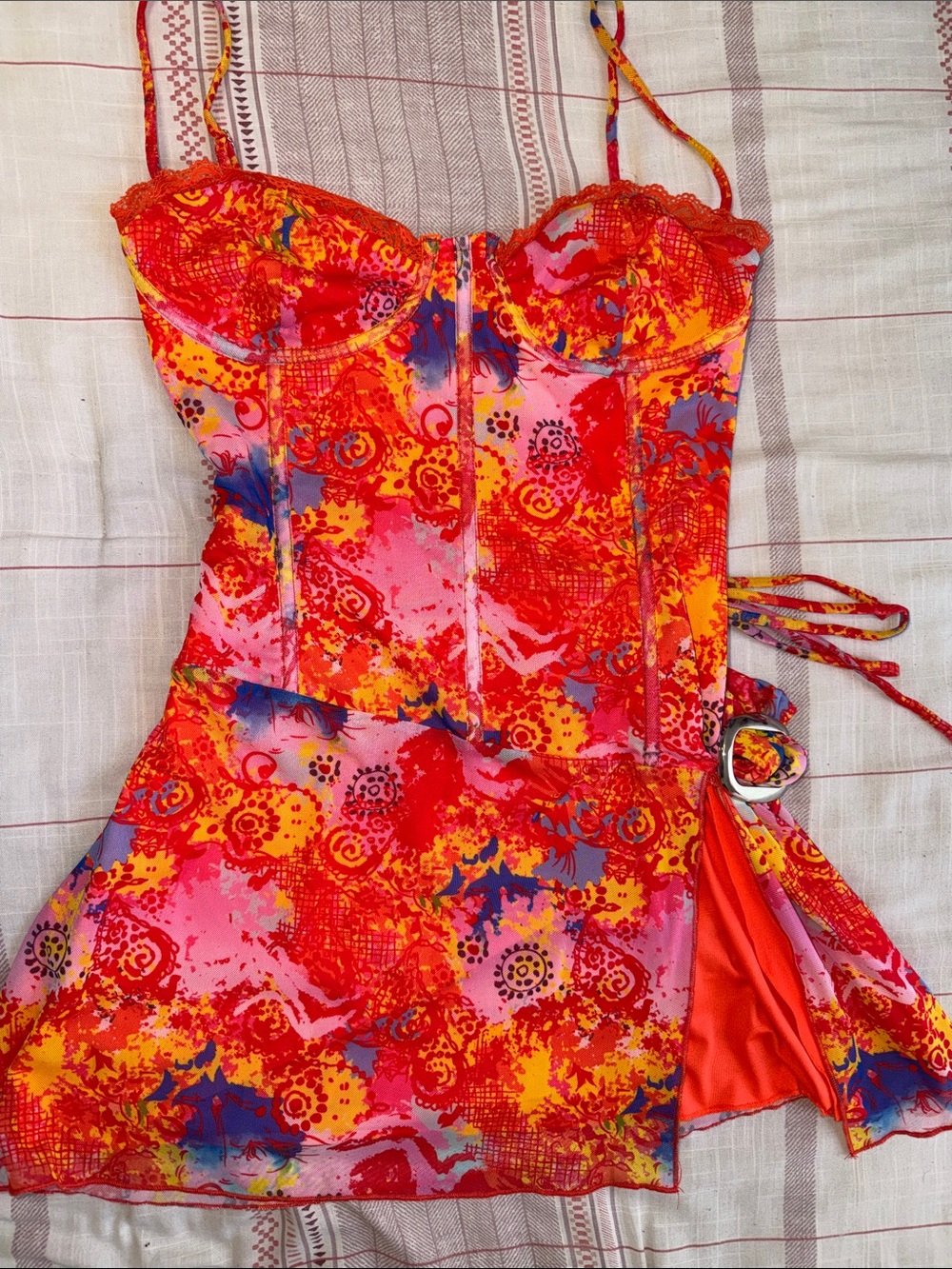Fashion Nova Stay Daydreaming Micro Mini Dress - Orange/combo LARGE NWOT